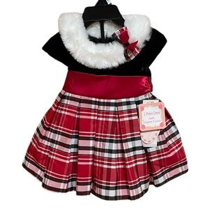 Jona Michelle Plaid Red and Black Baby Dress with Fur Collar Size 6M (Brand New)